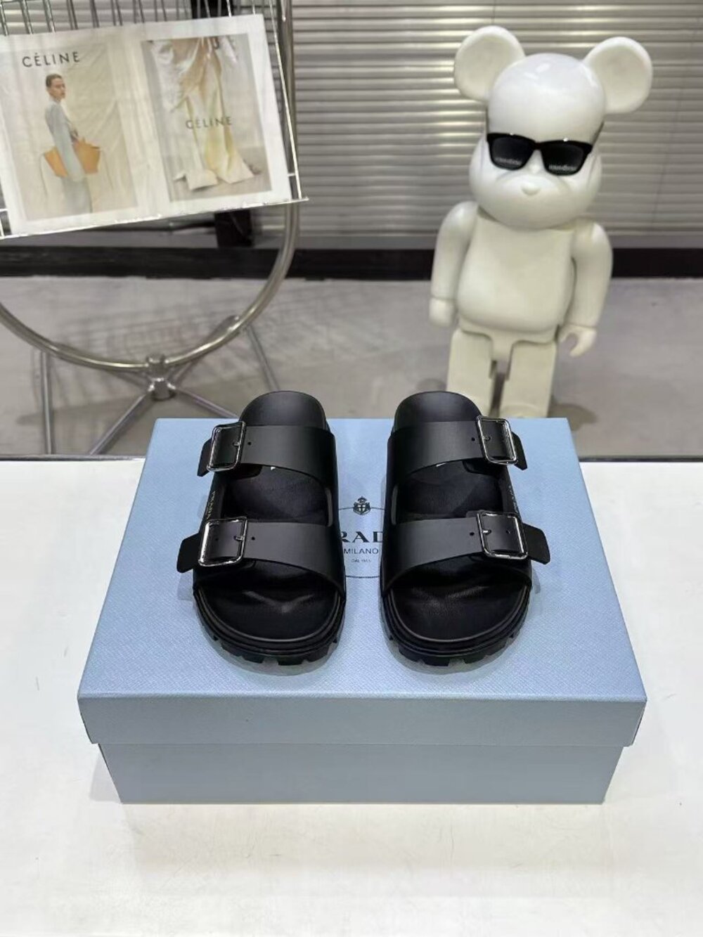 Prada Black Double Buckle Lug Sole Platform Slide Sandals Leather Slippers